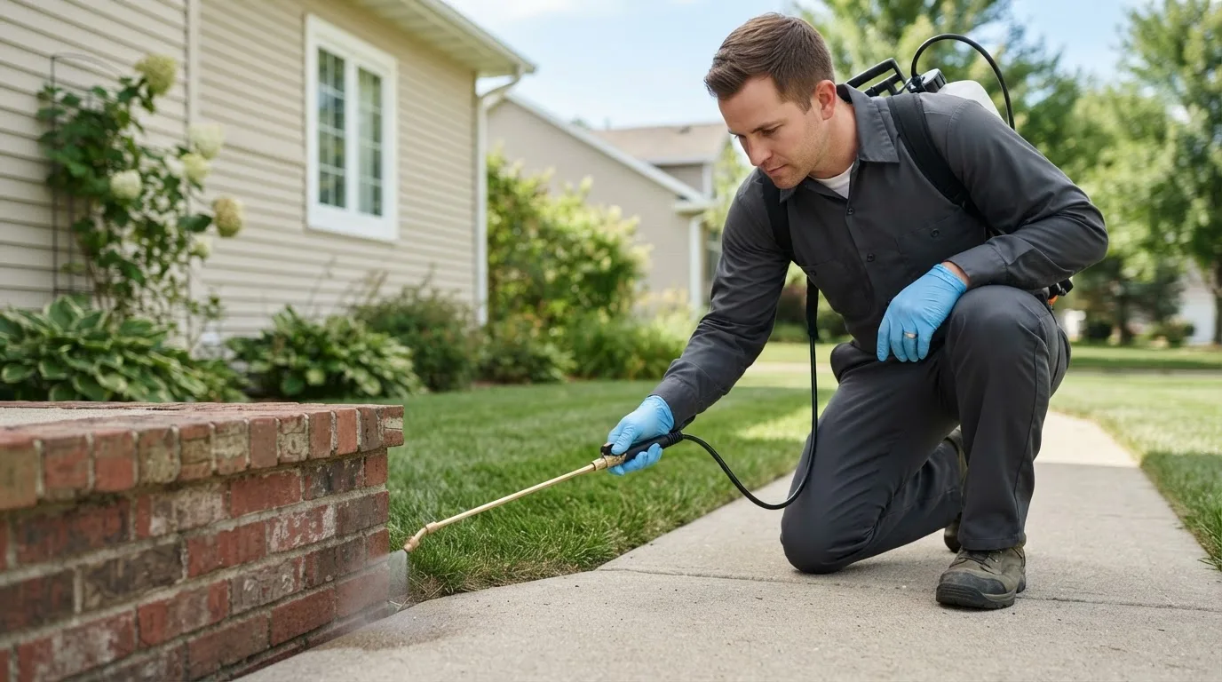 Pest control technician treating a home near South Jordan, UT